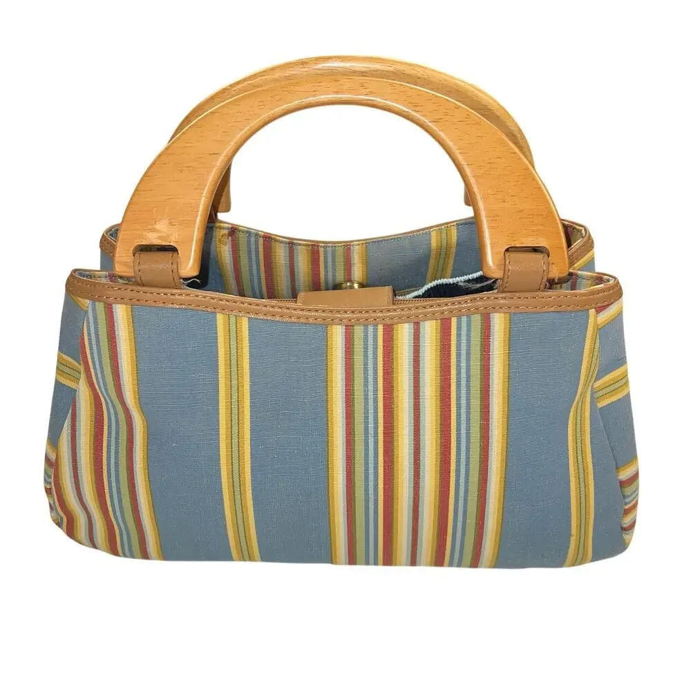 Fossil Cabana Stripe Canvas Wood Handled Satchel Handbag Purse Multicolor